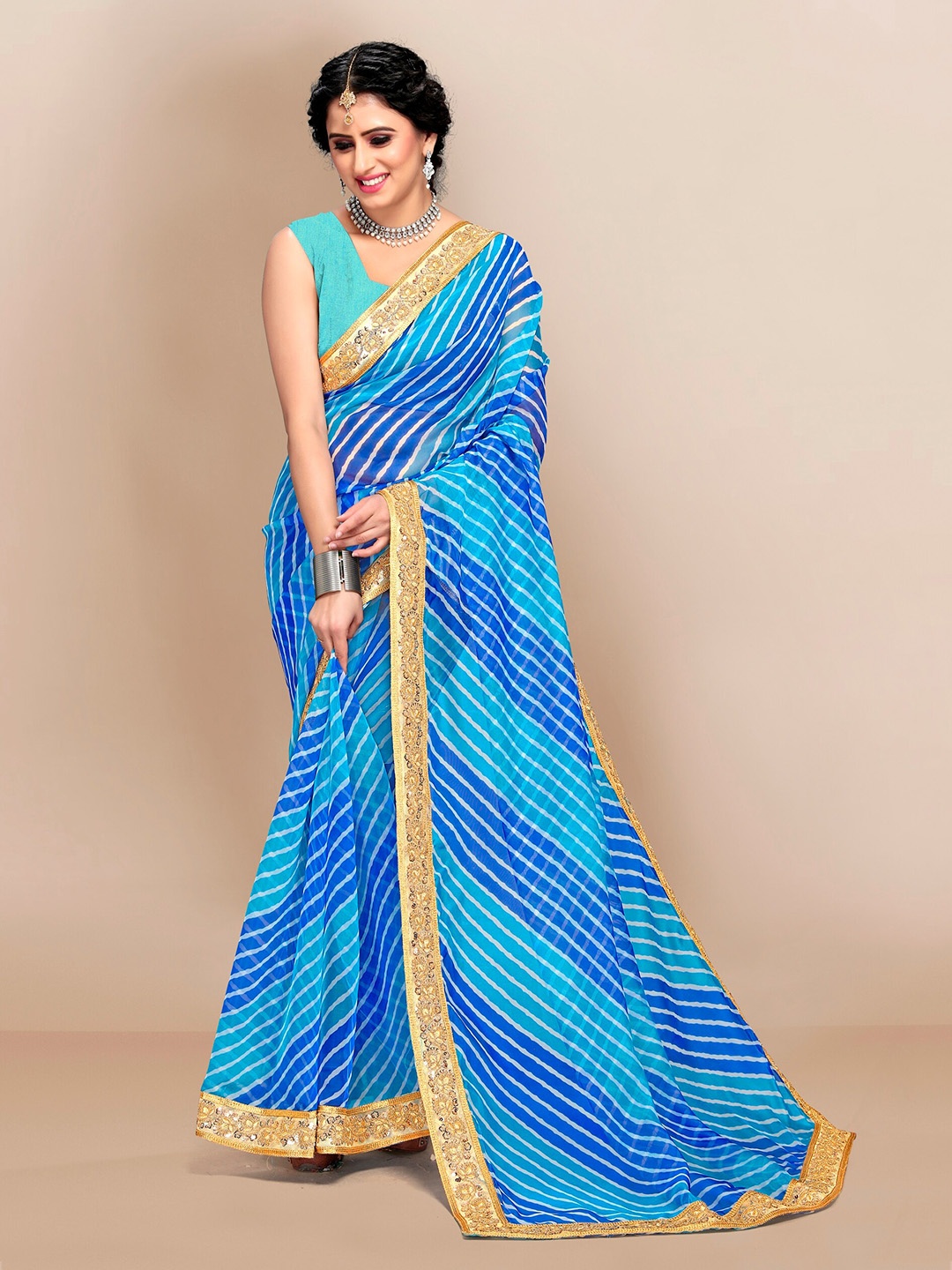 

VAIRAGEE Blue & Gold-Toned Leheriya Embroidered Organza Saree
