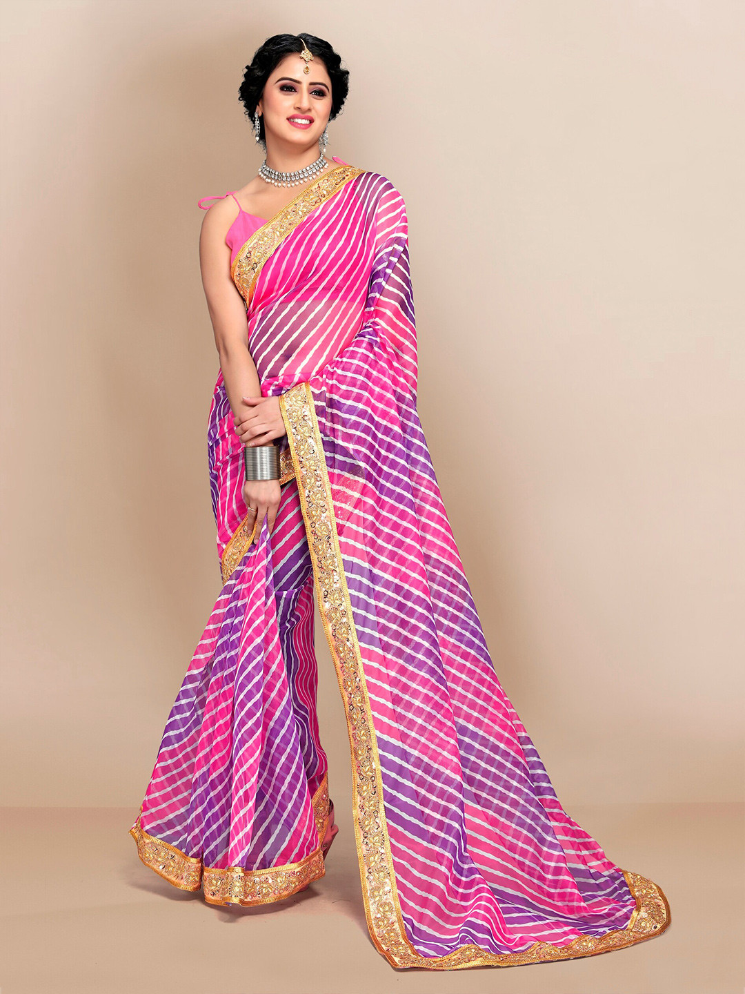 

VAIRAGEE Pink & Purple Striped Embroidered Organza Saree