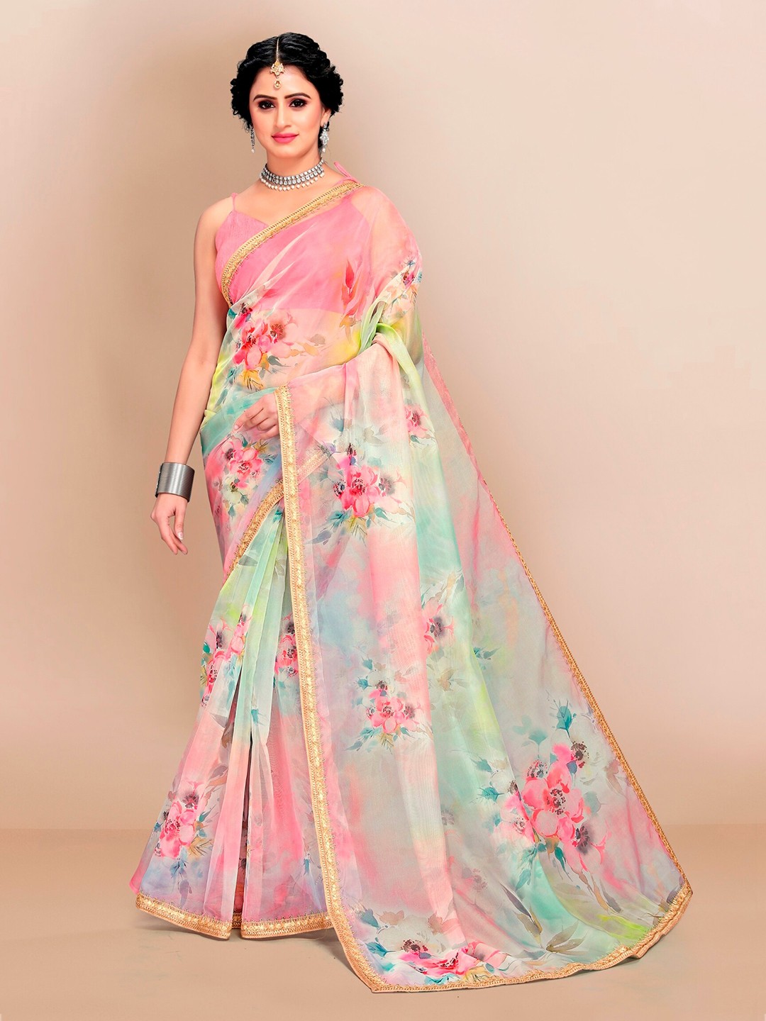 

VAIRAGEE Pink & Blue Floral Zari Organza Saree
