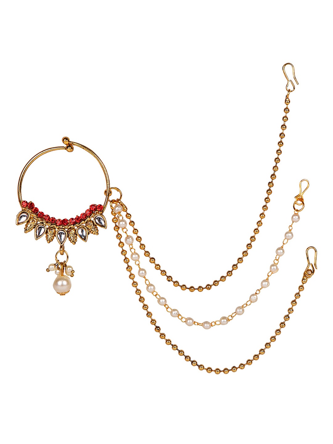 

ANIKAS CREATION Red Gold-Plated & Off-White Beaded & Stone-Studded Chained Nose Ring