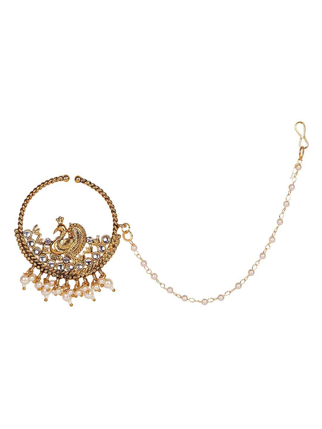 

ANIKAS CREATION Gold-Plated & White CZ-Studded & Pearl Beaded Vilandi Nosepin