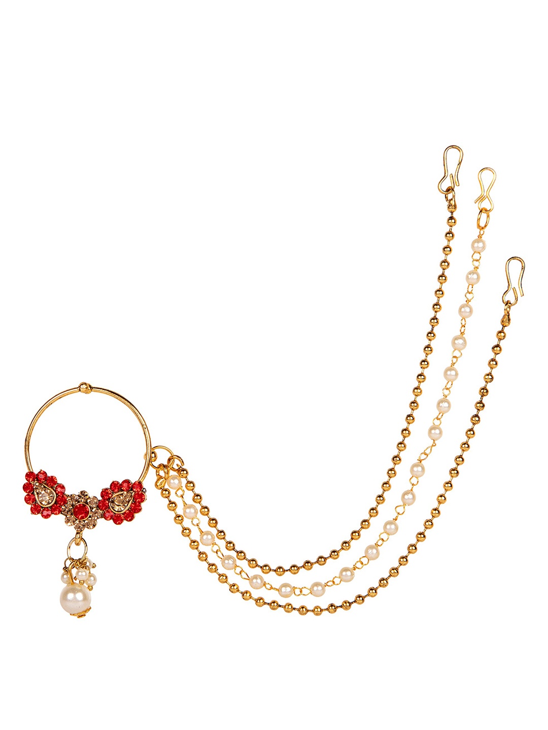 

ANIKAS CREATION Gold-Plated White & Red CZ-Studded & Pearl Beaded Vilandi Nosepin