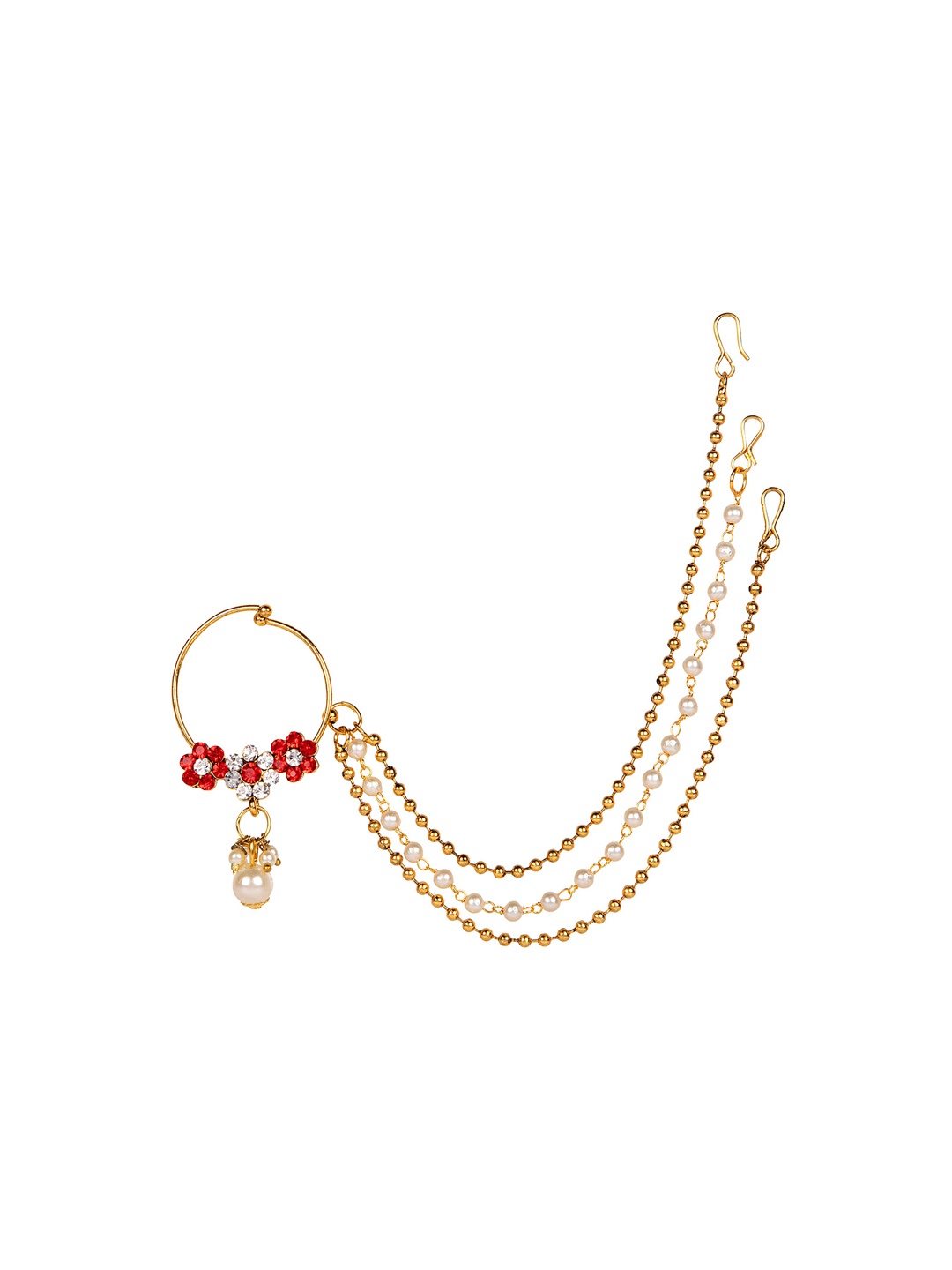 

ANIKAS CREATION Gold-Plated Red Stone Studded Bridal Clip-On Nose Ring With Beaded Chain