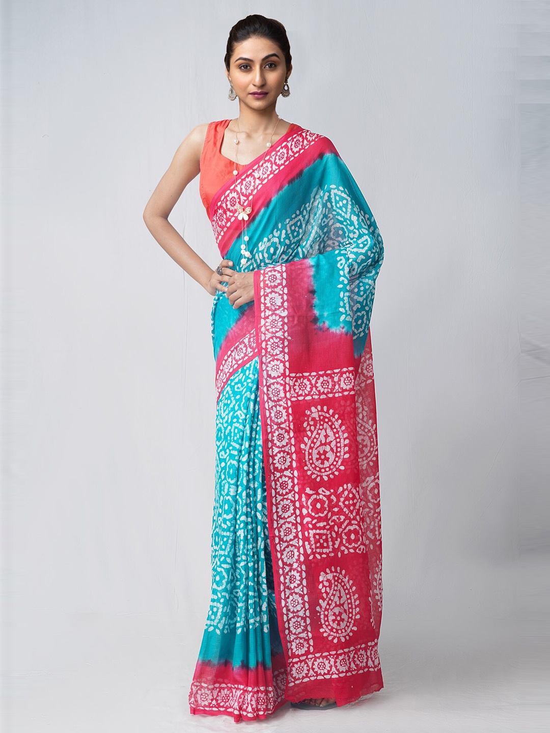 

Unnati Silks Blue & Pink Batik Pure Cotton Kota Saree