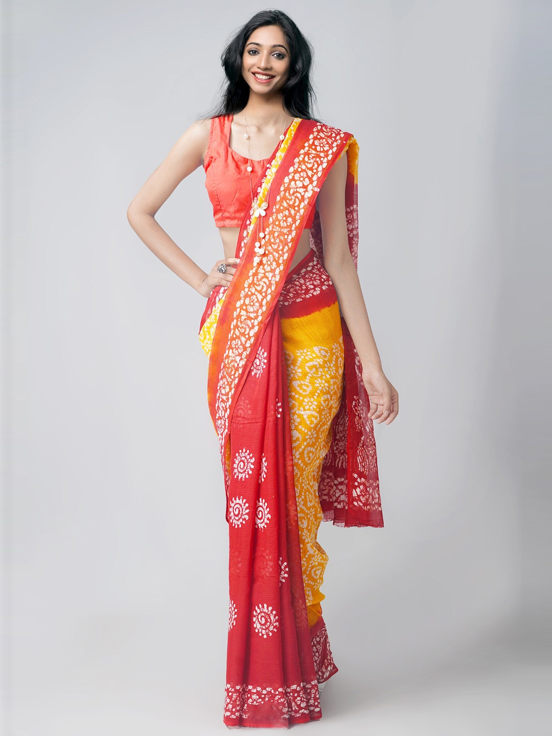 

Unnati Silks Yellow & Red Batik Pure Cotton Kota Saree