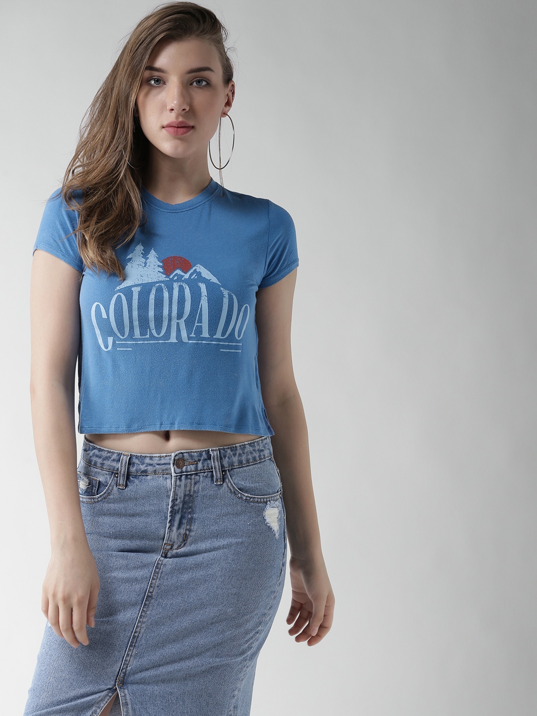 

FOREVER 21 Women Blue Printed Round Neck Cropped T-shirt