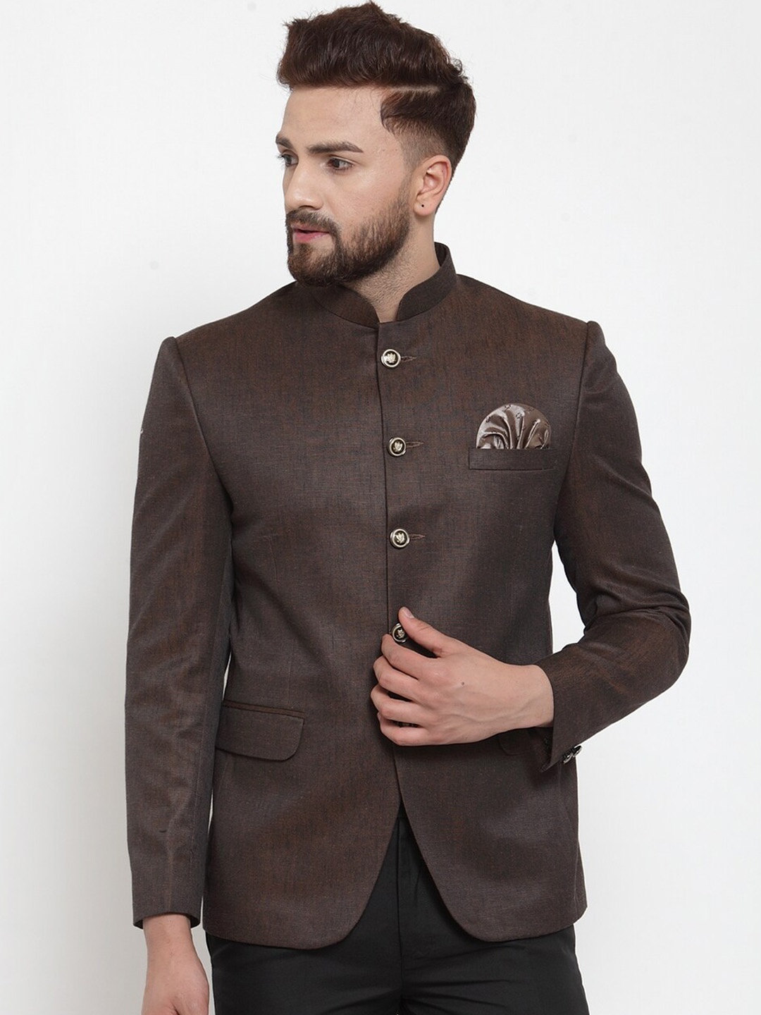 

KLOTTHE Men Brown Solid Slim-Fit Bandhgala Blazer