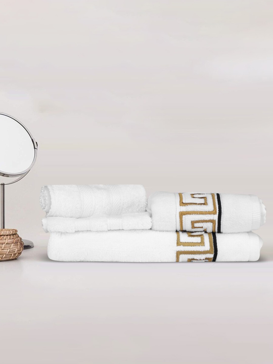

LUSH & BEYOND Set of 4 White & Brown 500 GSM Pure Cotton Towel Set