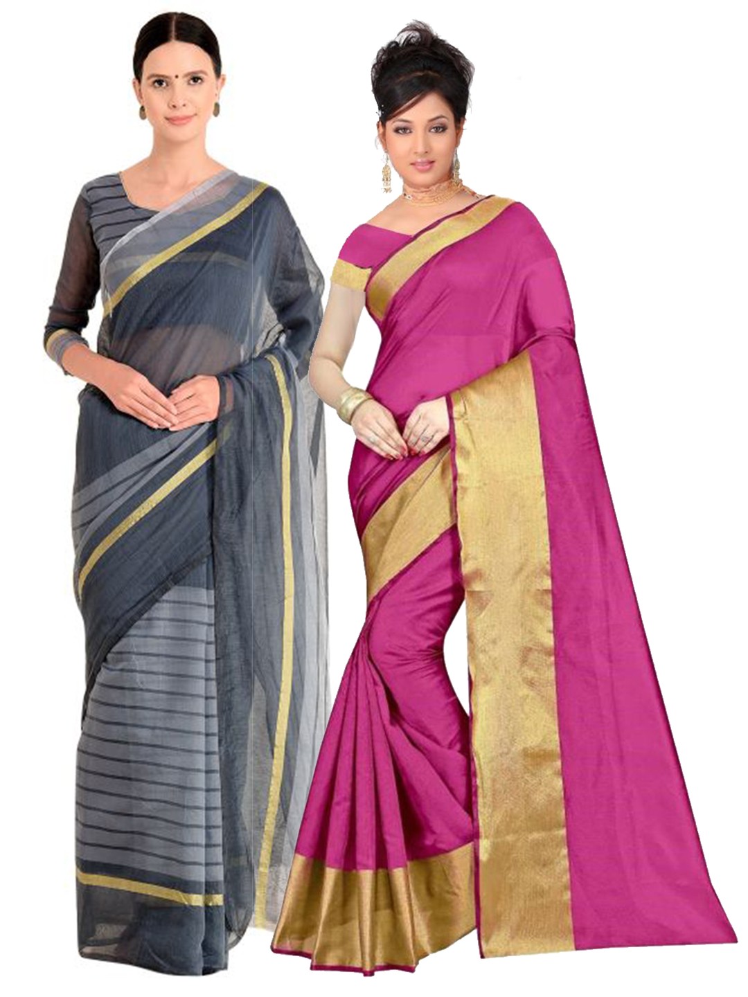 

SAADHVI Pack of 2 Pink & Grey Solid Saree