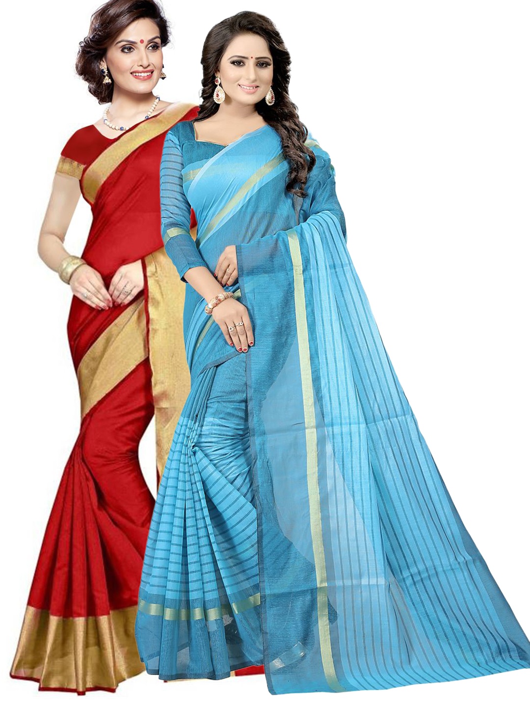 

SAADHVI Set of 2 Red & Turquoise Blue Silk Cotton Saree