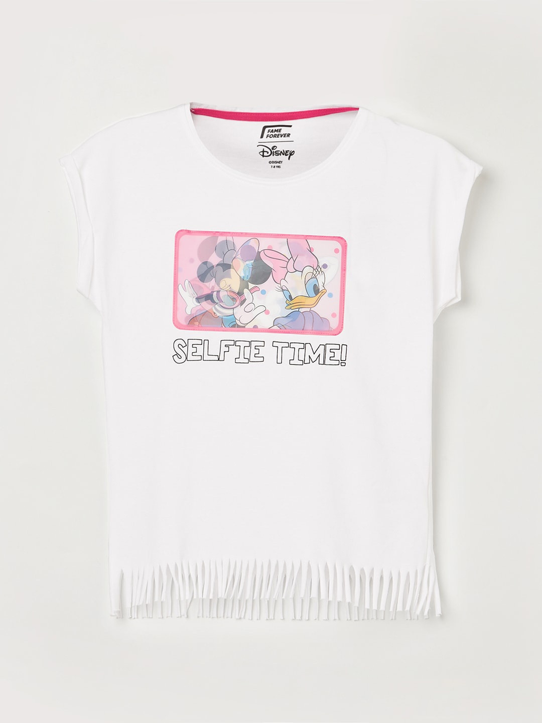 

Fame Forever by Lifestyle Girls White Minnie & Daisy Print Fringed Pure Cotton Top