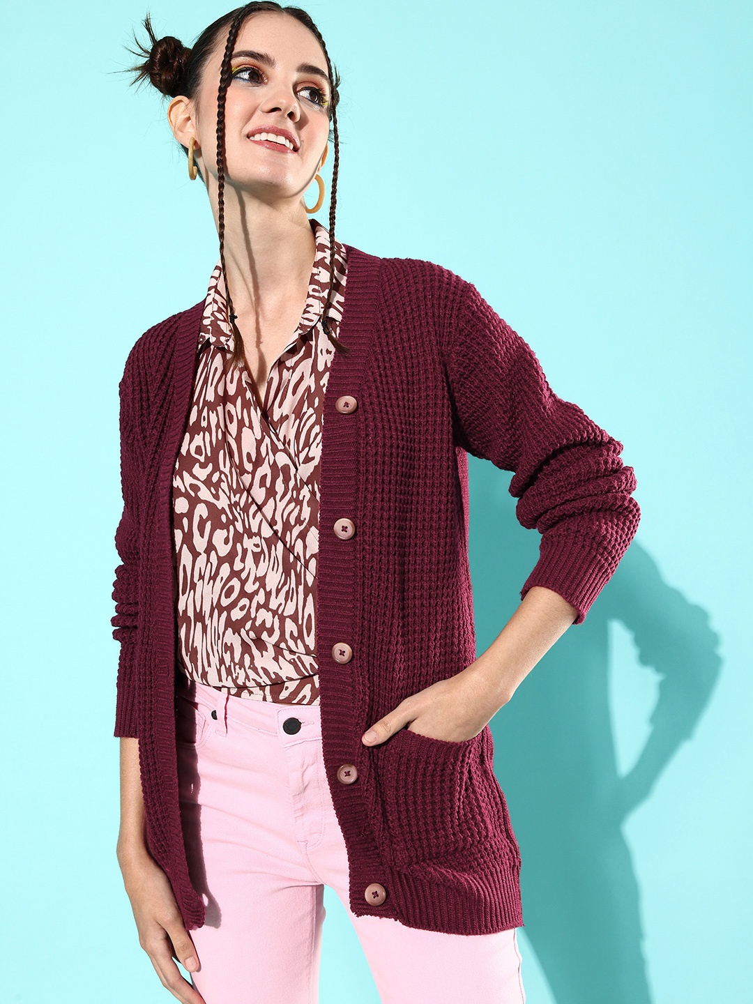 

Dressberry Women Burgundy Cable Knit Cardigan