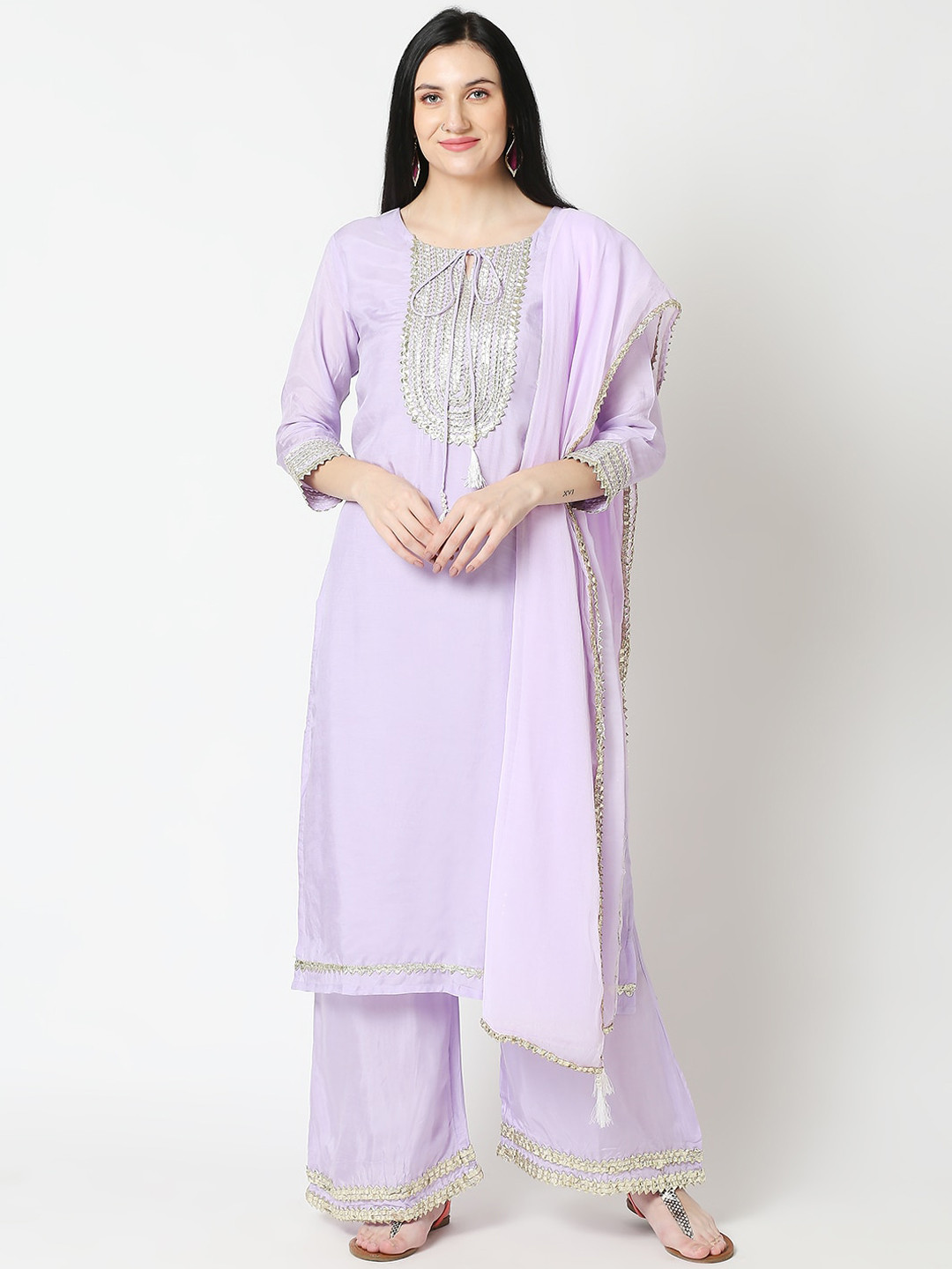 

Aanyor Women Lavender Yoke Design Gotta Patti Kurta with Palazzos & With Dupatta