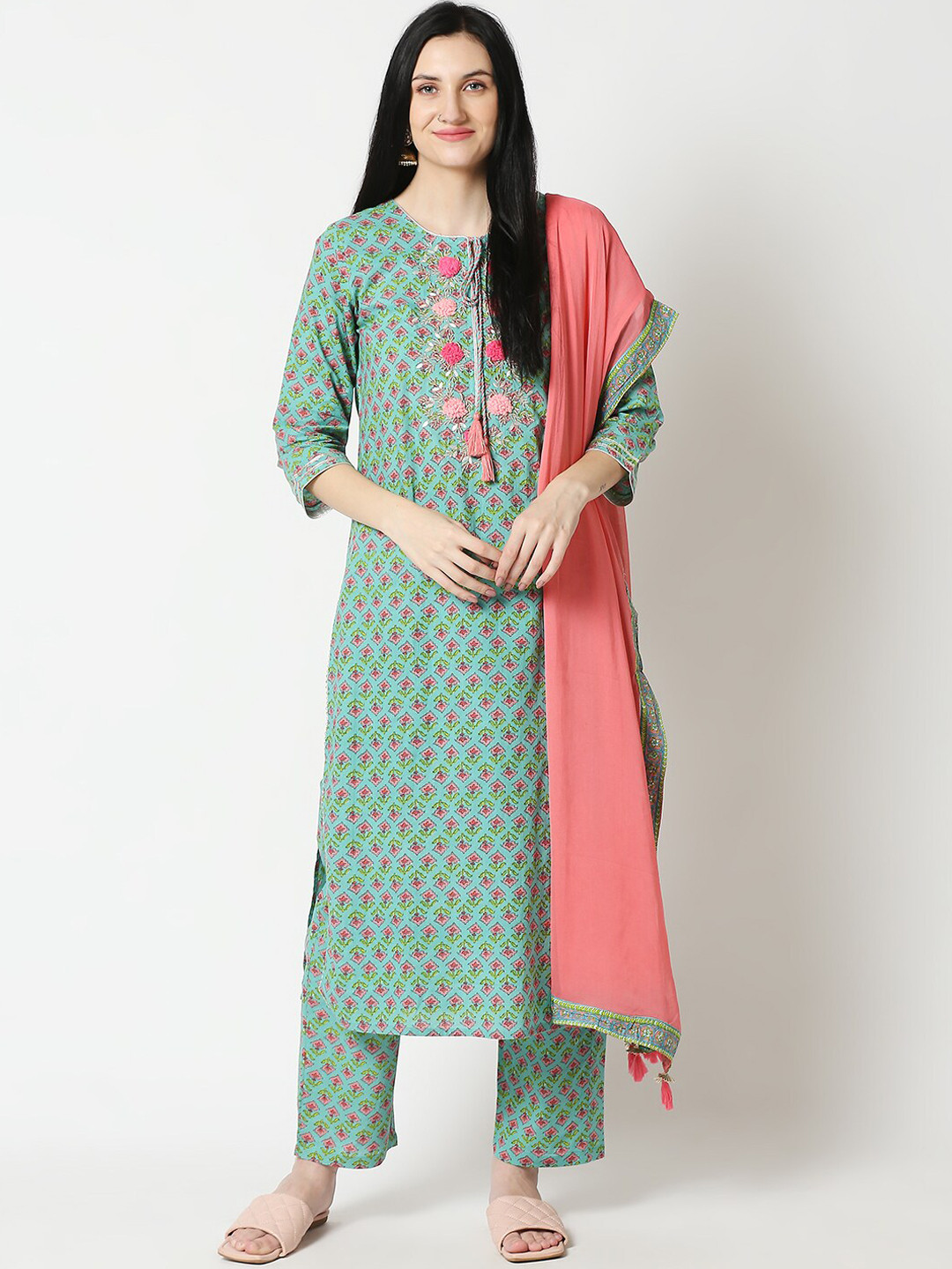 

Aanyor Women Embroidered & Printed Cotton Kurta with Trousers & With Dupatta, Green