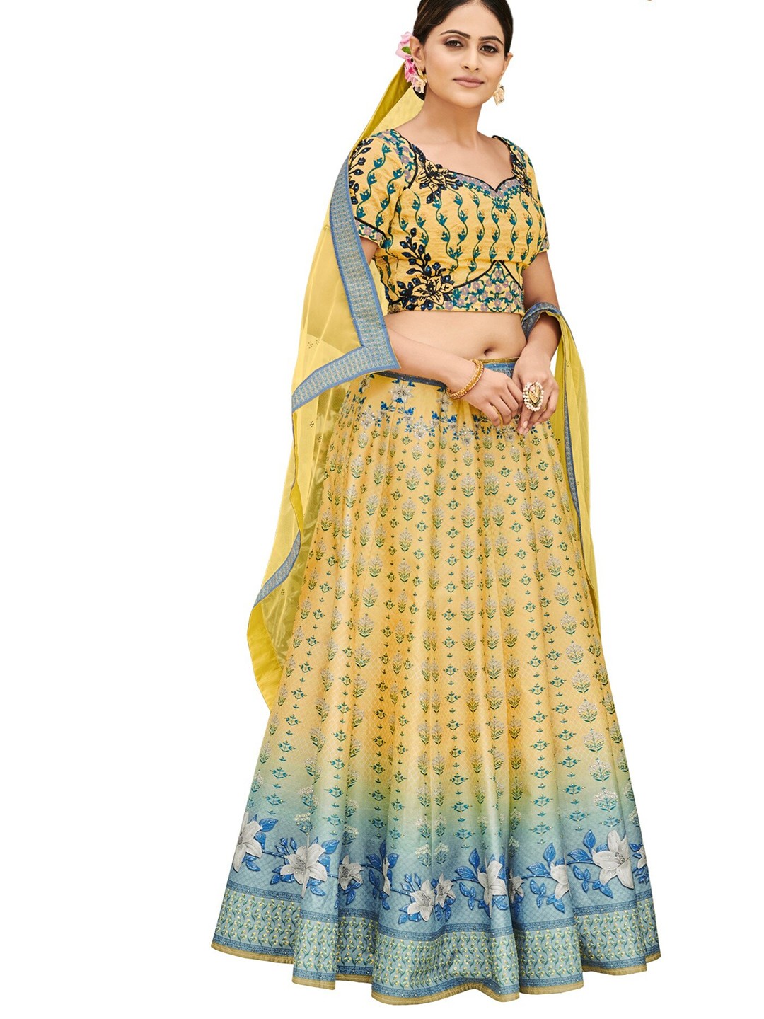 

SAPTRANGI Yellow & Blue Embroidered Thread Work Semi-Stitched Lehenga & Unstitched Blouse With Dupatta