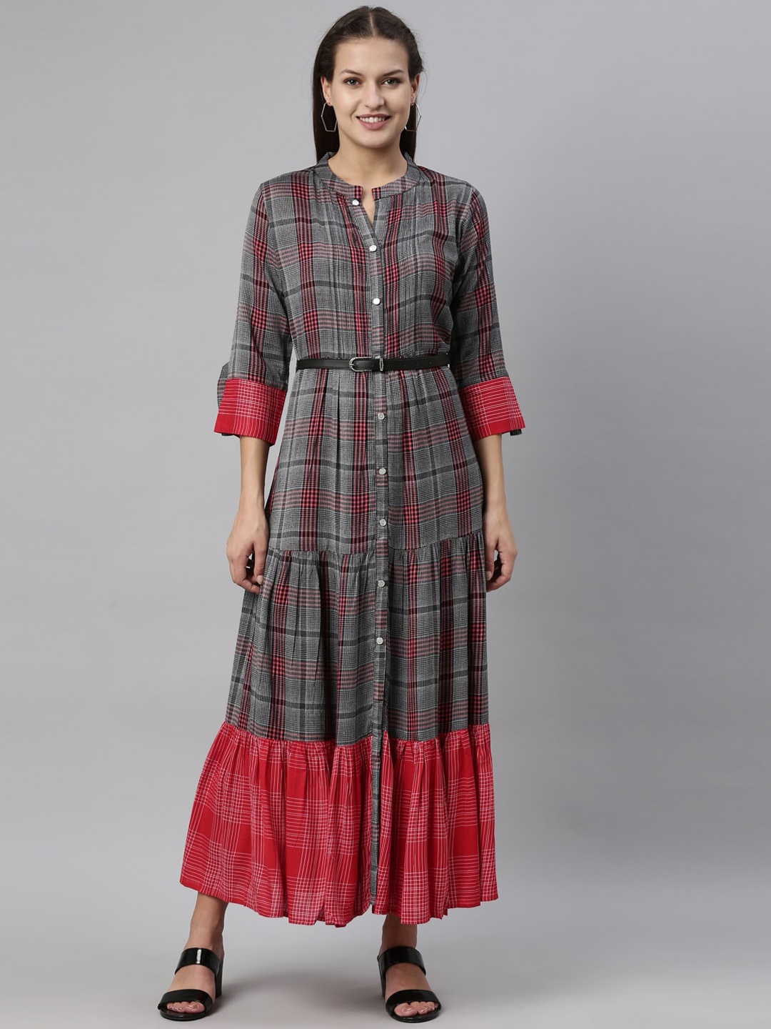 

Neerus Women Grey & Red Checked Thread Work Kurta