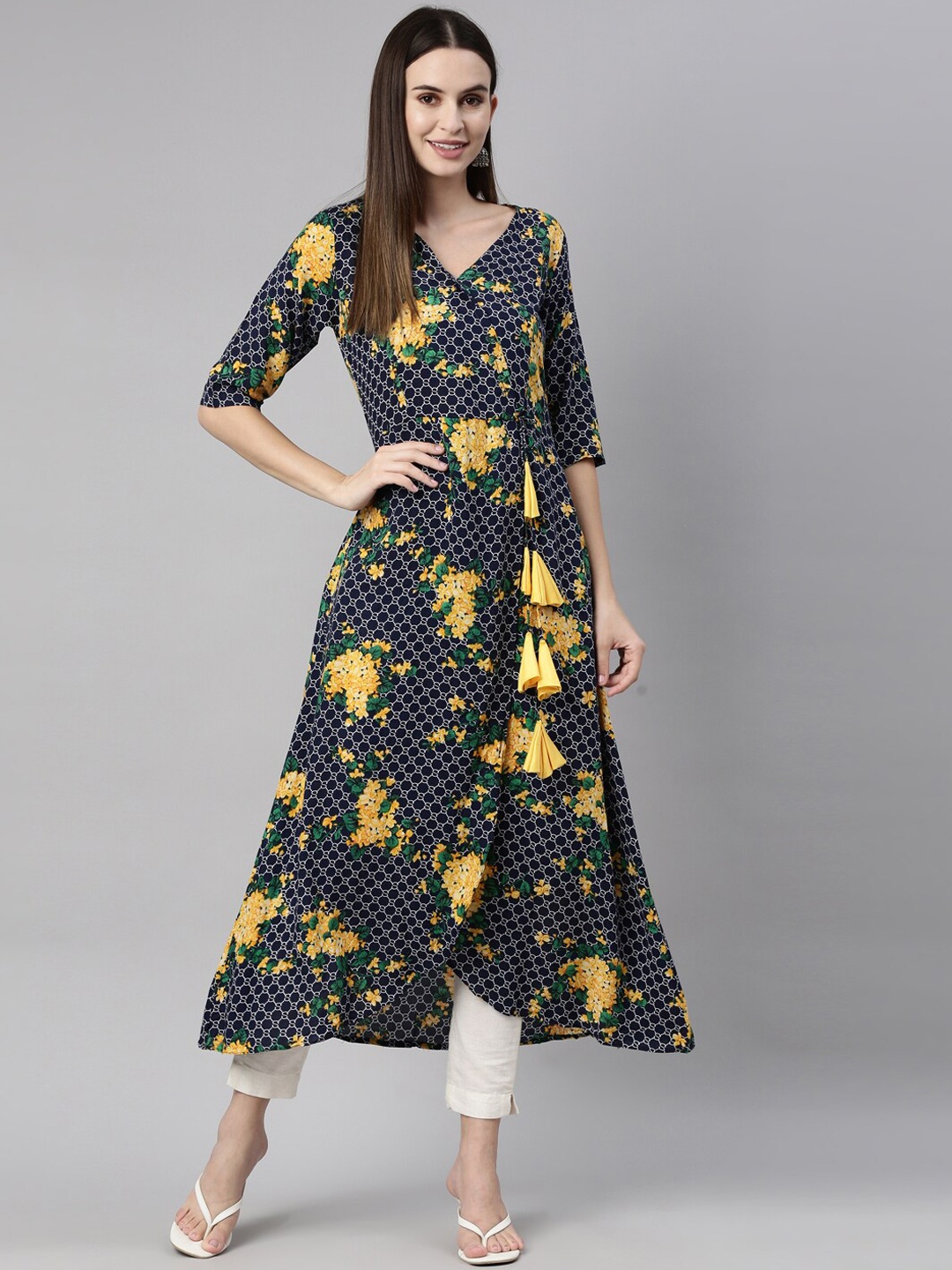 

Neerus Women Navy Blue and Yellow Floral Printed V-Neck Three Quarter Sleeve A-Line Kurta