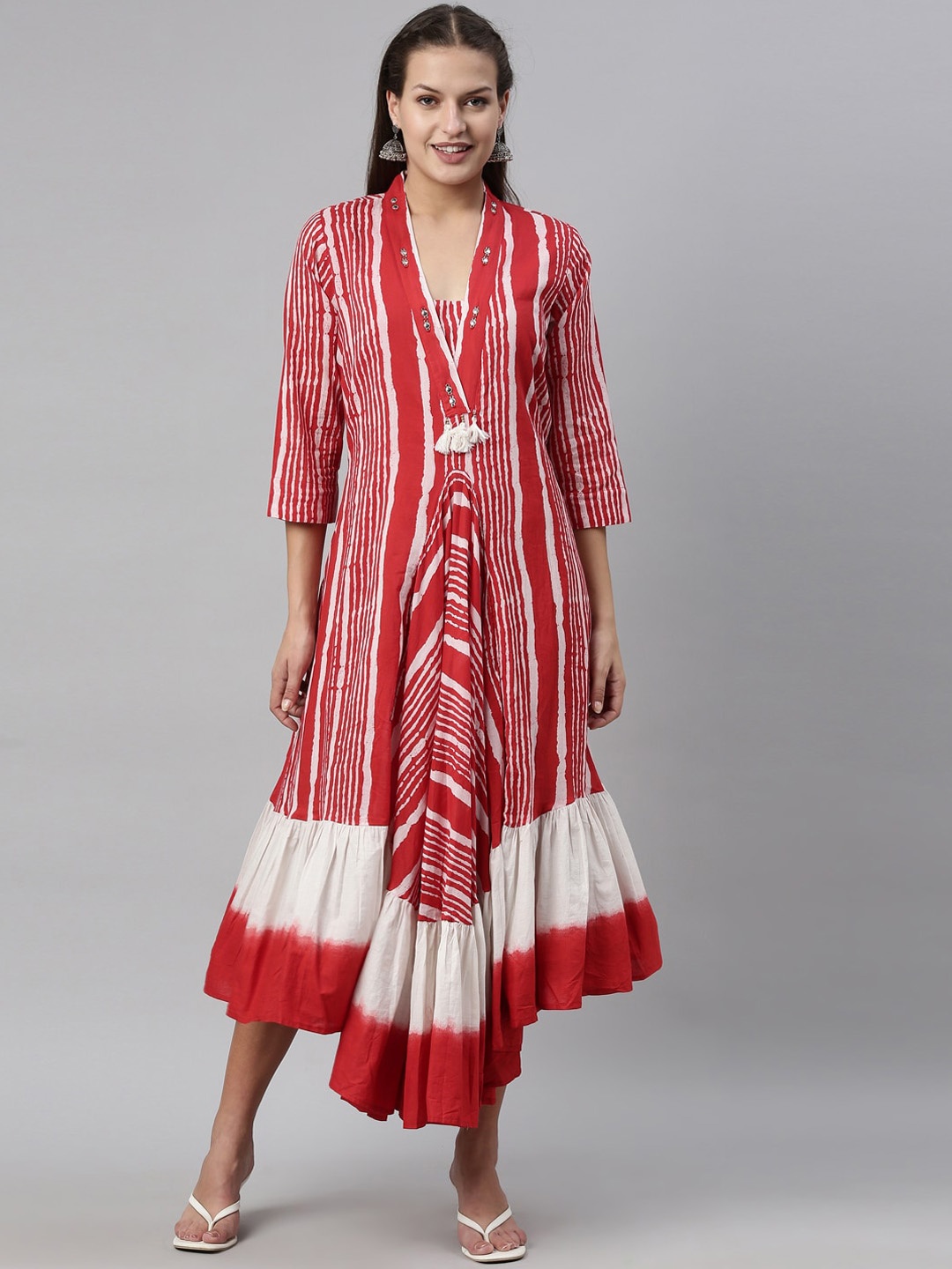 

Neerus Women Red and Off-White Striped V Neck Flared Hem Regular Sleeve Anarkali Kurta