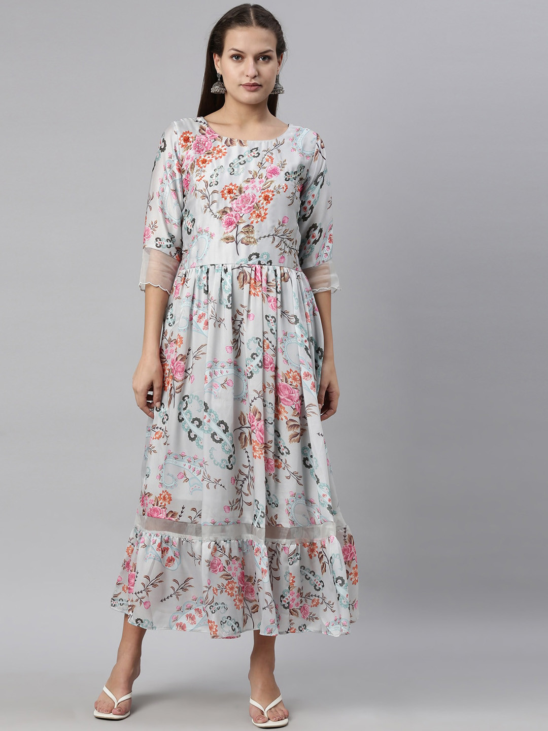 

Neerus Women Grey Floral Printed Flared Sleeves Satin Anarkali Kurta