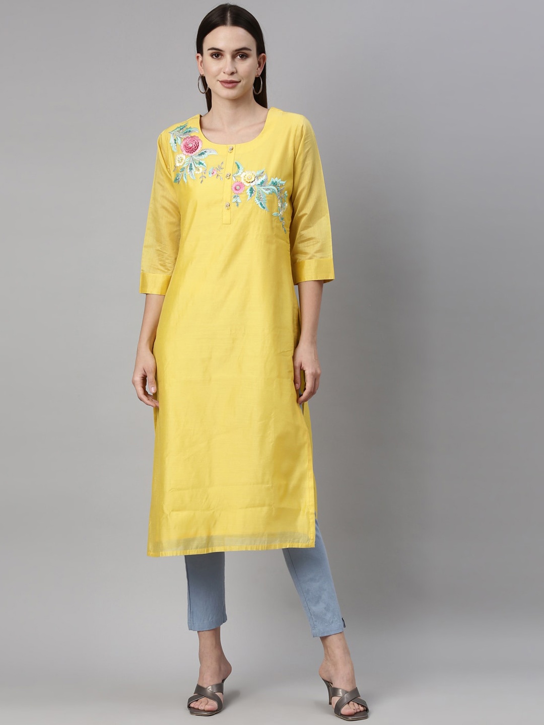 

Neerus Women Yellow Floral Embroidered Chanderi Silk Kurta