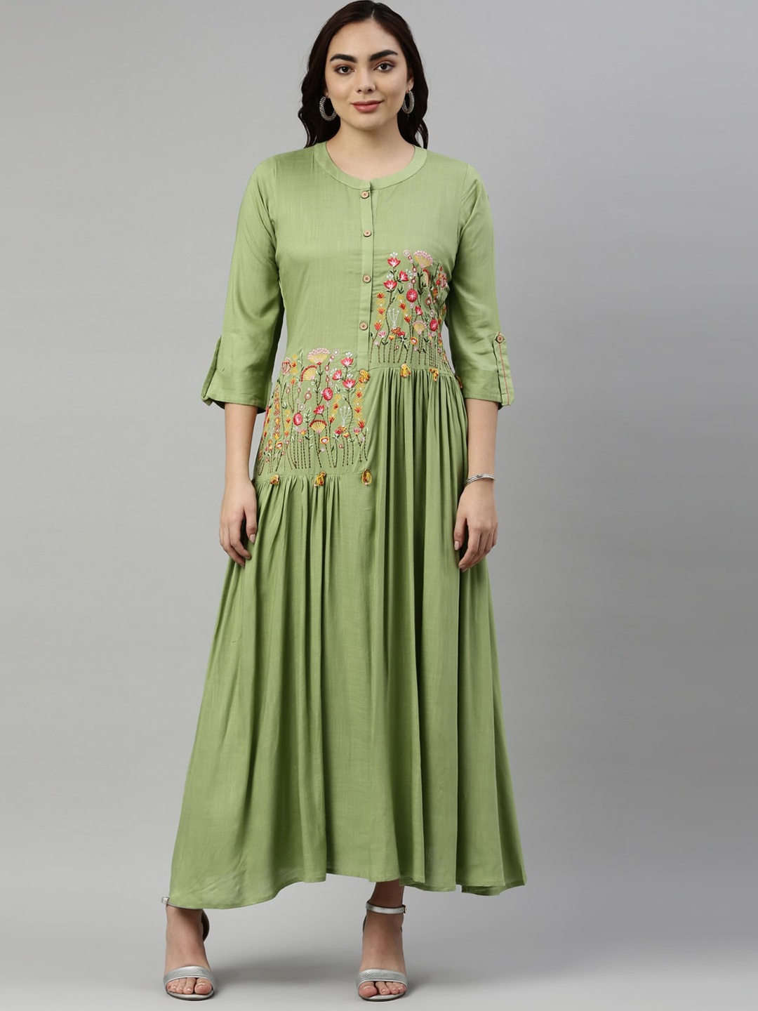 

Neerus Women Olive Green Embroidered Mandarin Collar Kurta