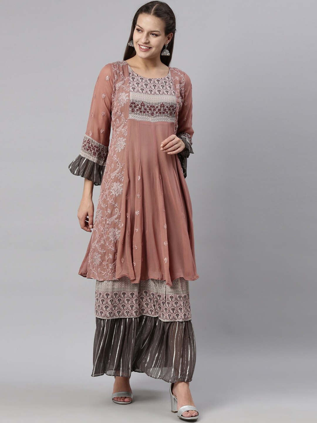 

Neerus Women Brown Ethnic Motifs Embroidered Keyhole Neck Flared Sleeves Georgette Anarkali Kurta