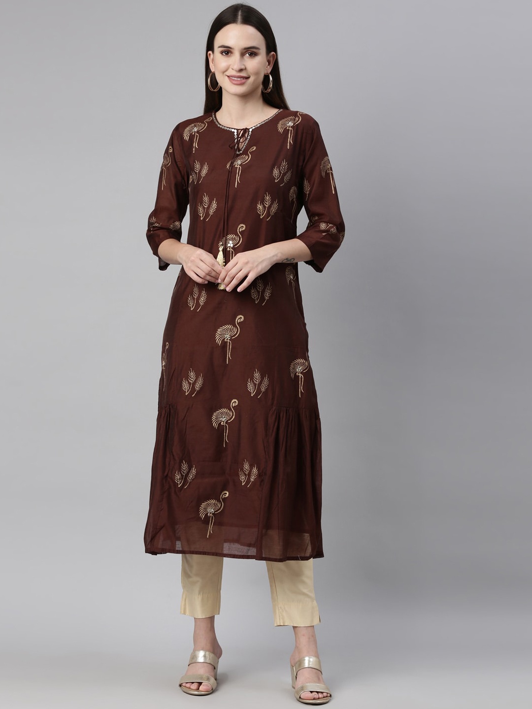 

Neerus Women Coffee Brown Block Print Tie-up Neck Chanderi Silk Kurta