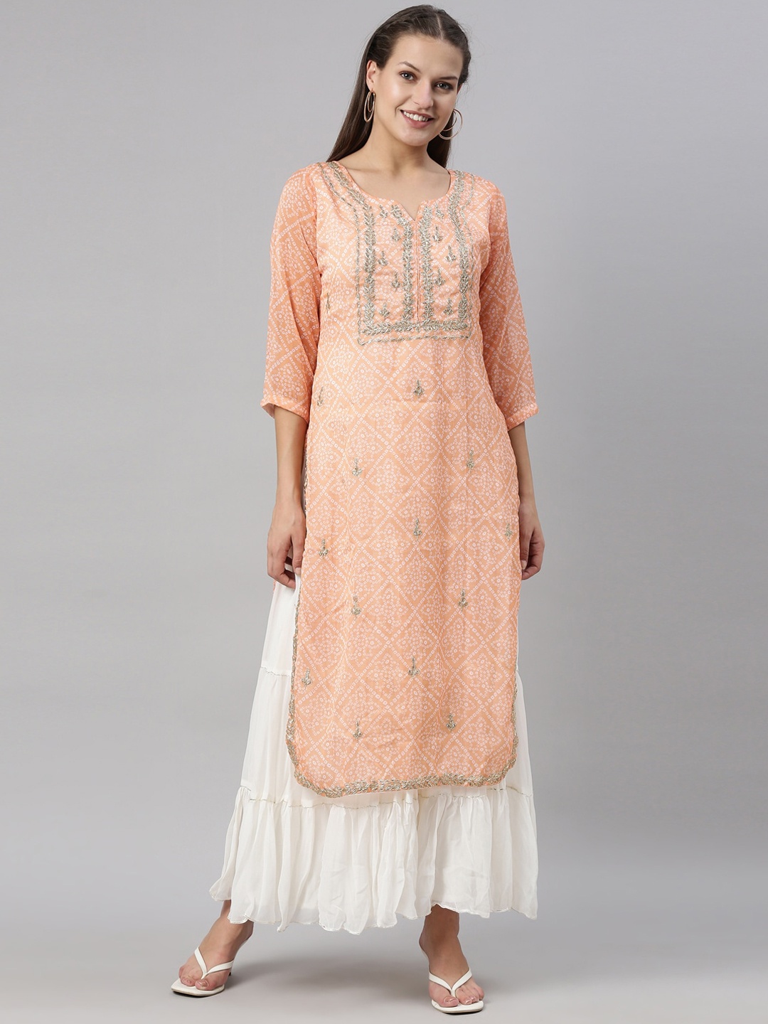 

Neerus Women Orange Floral Flared Sleeves Chanderi Silk Chanderi Silk Kurta