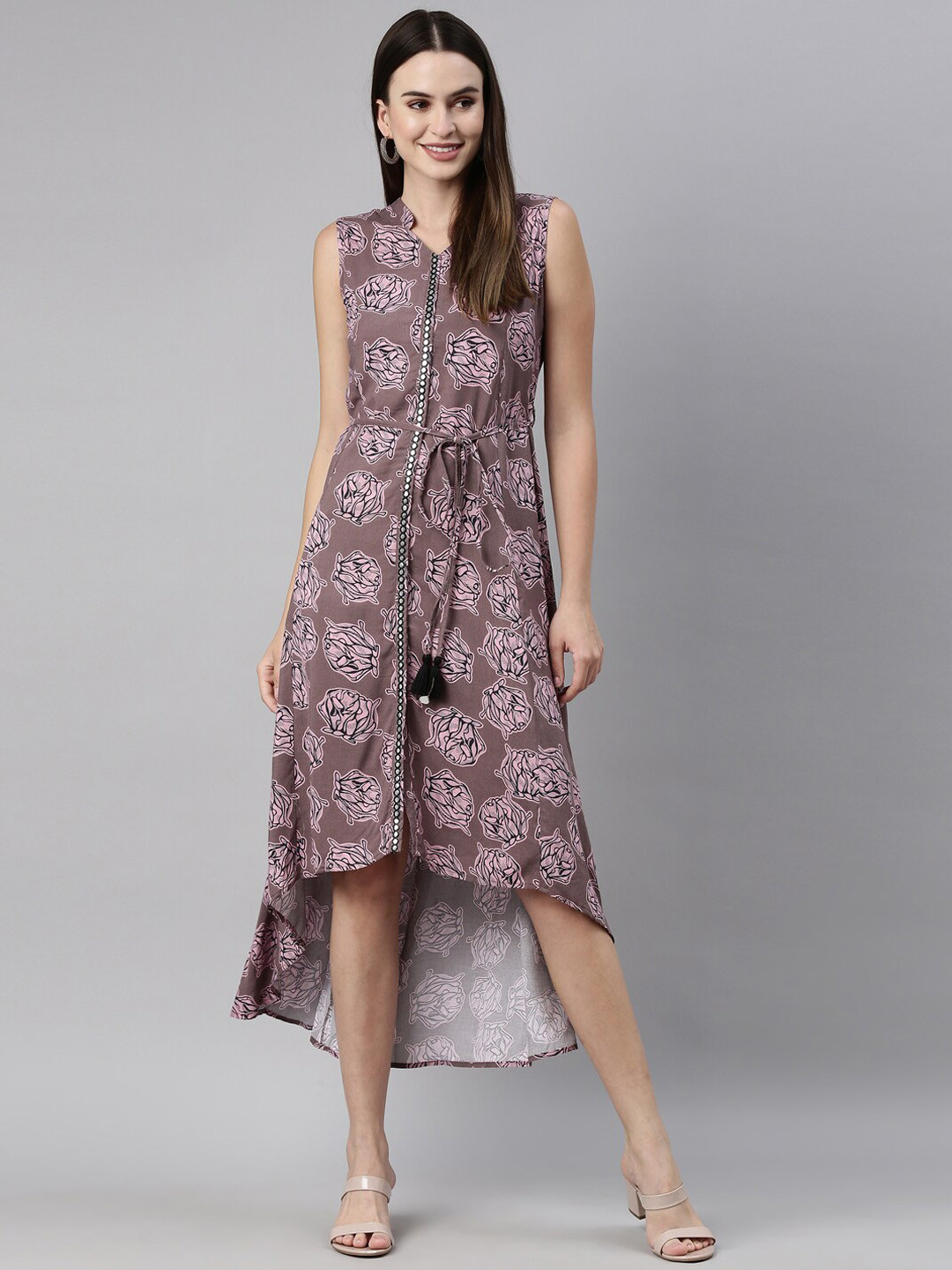 

Neerus Women Brown Printed Mirror Work Belted Detail Kurta