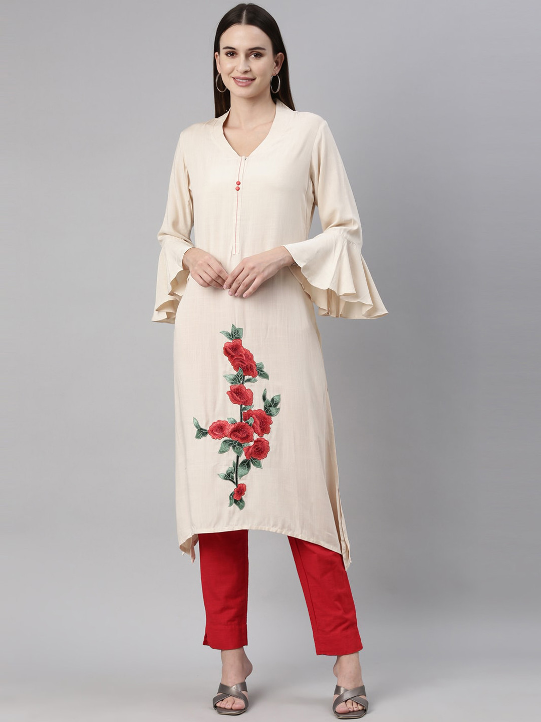 

Neerus Women Cream Floral Embroidered Bell Sleeves Kurta