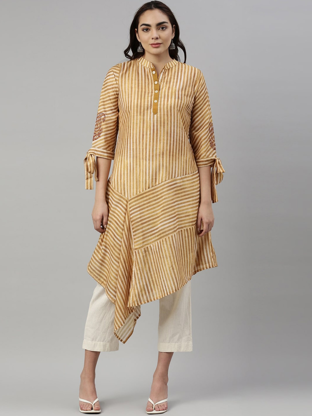

Neerus Women Mustard Yellow Striped Flared Sleeves Kurta