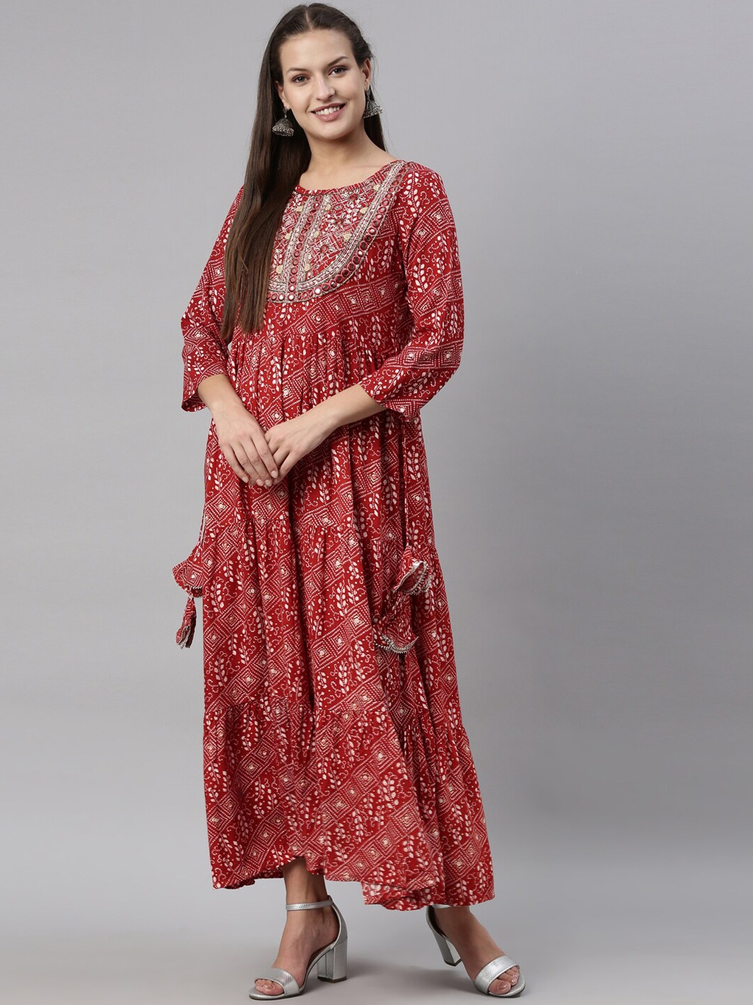 

Neerus Women Red Bandhani Printed Round Neck Flared Sleeves Mirror Work Anarkali Kurta