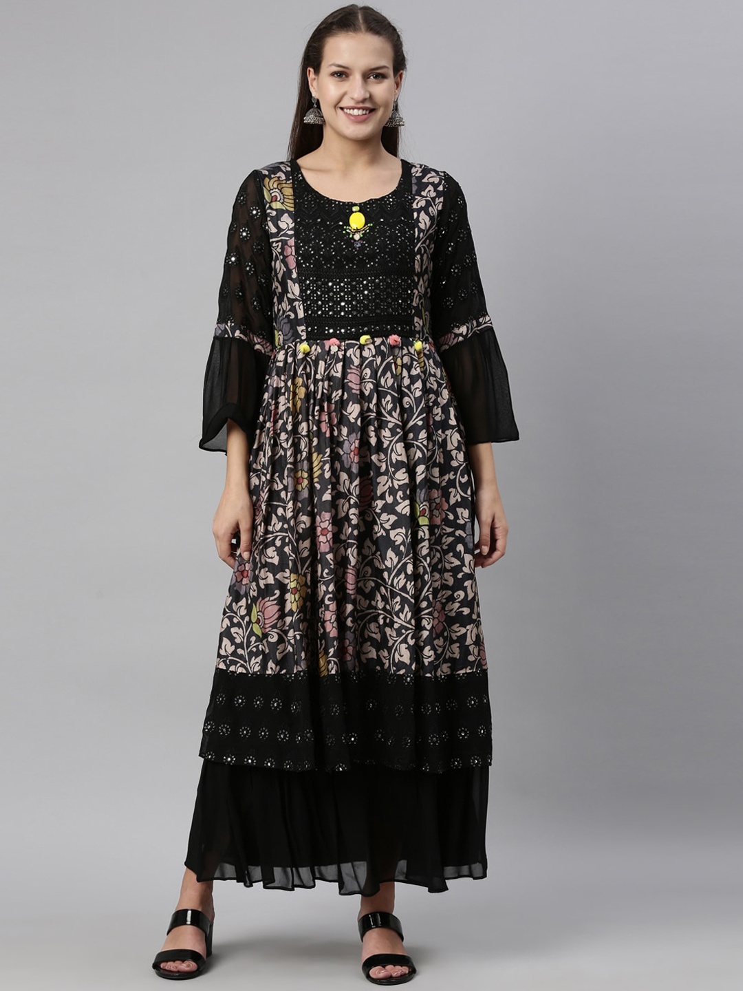

Neerus Women Black Floral Printed Keyhole Neck Thread Work Georgette Anarkali Kurta