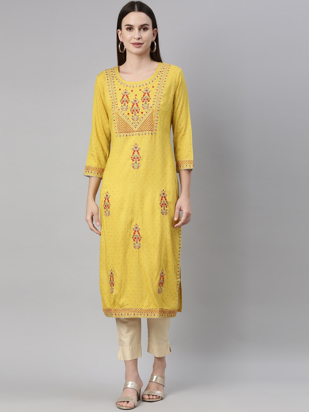 

Neerus Women Yellow Floral Embroidered Round Neck three Quarter Regular Sleeves Kurta
