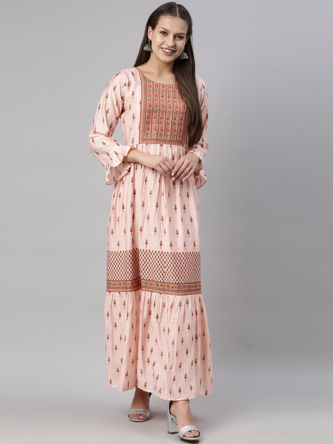 

Neerus Women Orange Geometric Round Neck Flared Sleeves Straight Hem A-Line Kurta