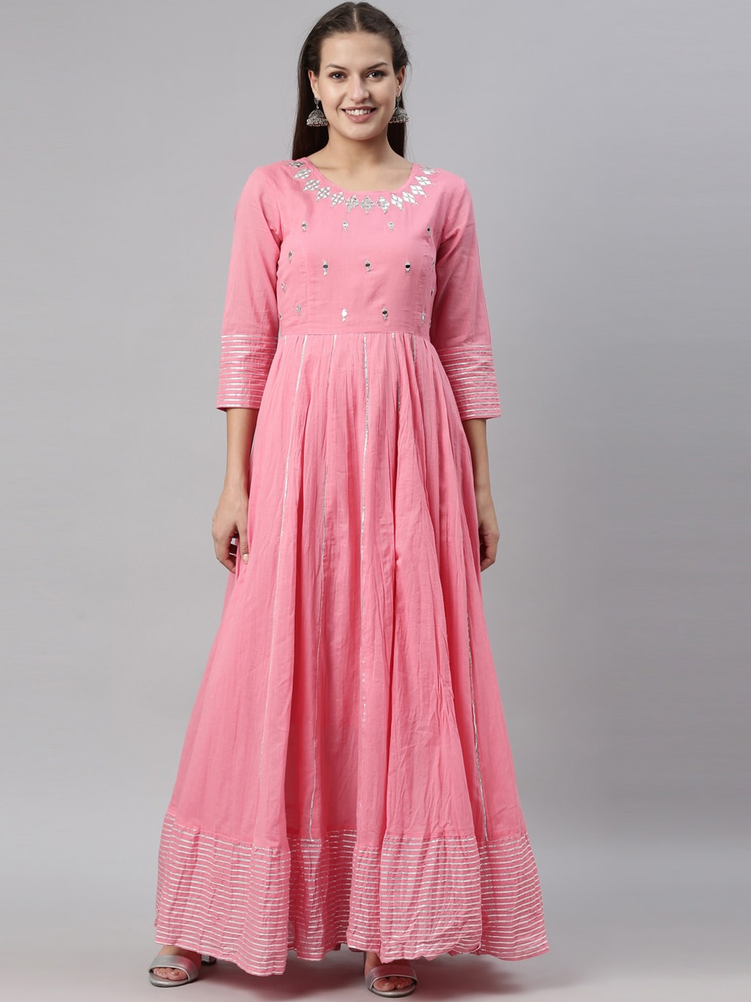 

Neerus Women Pink Mirror Work Anarkali Kurta