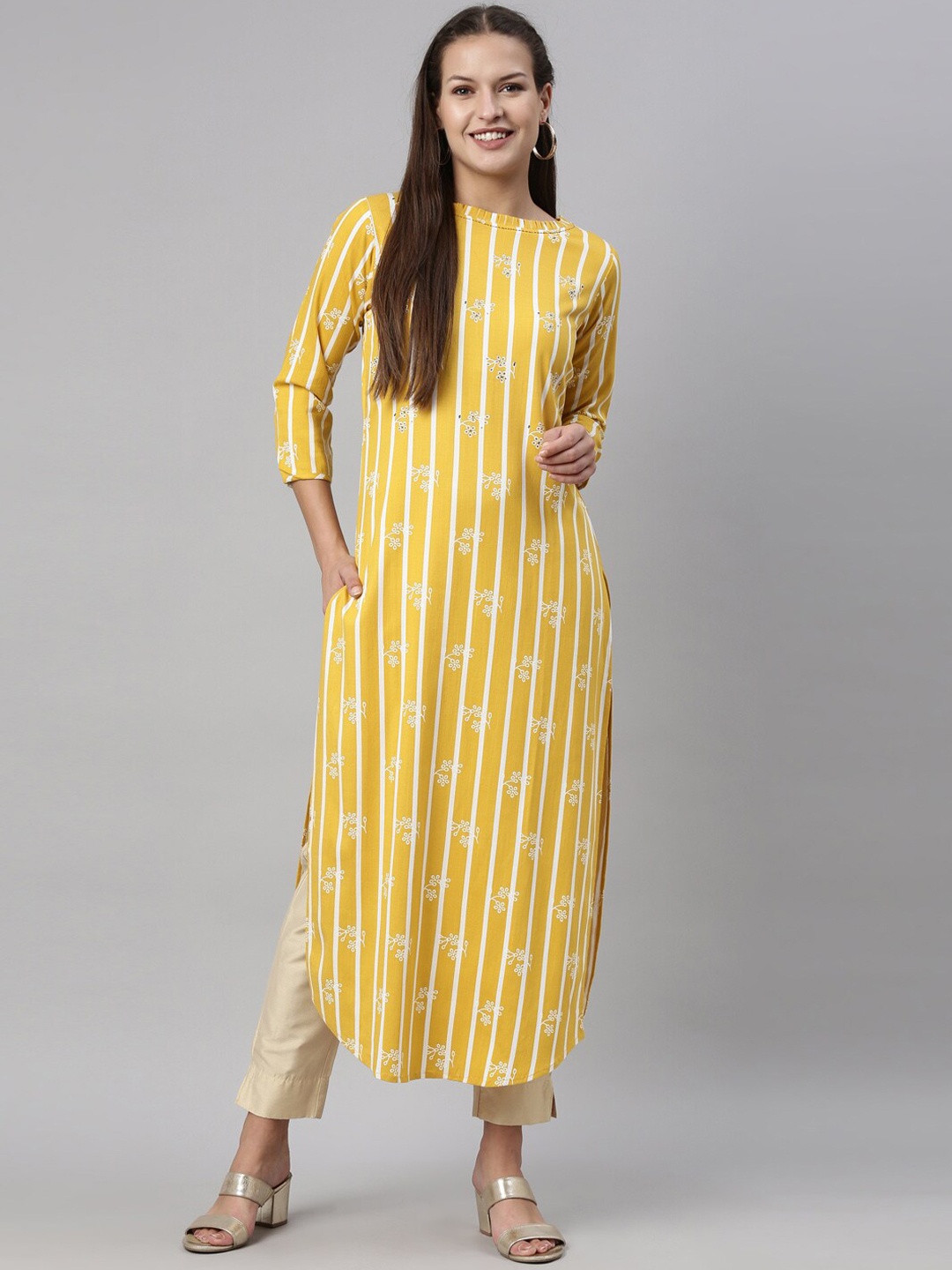 

Neerus Women Mustard Yellow Vertical Striped Yoke Design Beads and stone Work Kurta