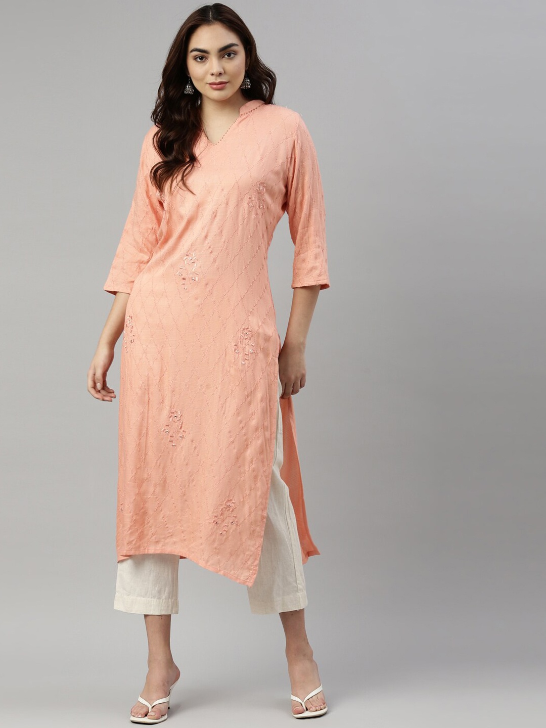 

Neerus Women Orange Striped Thread Work Kurta