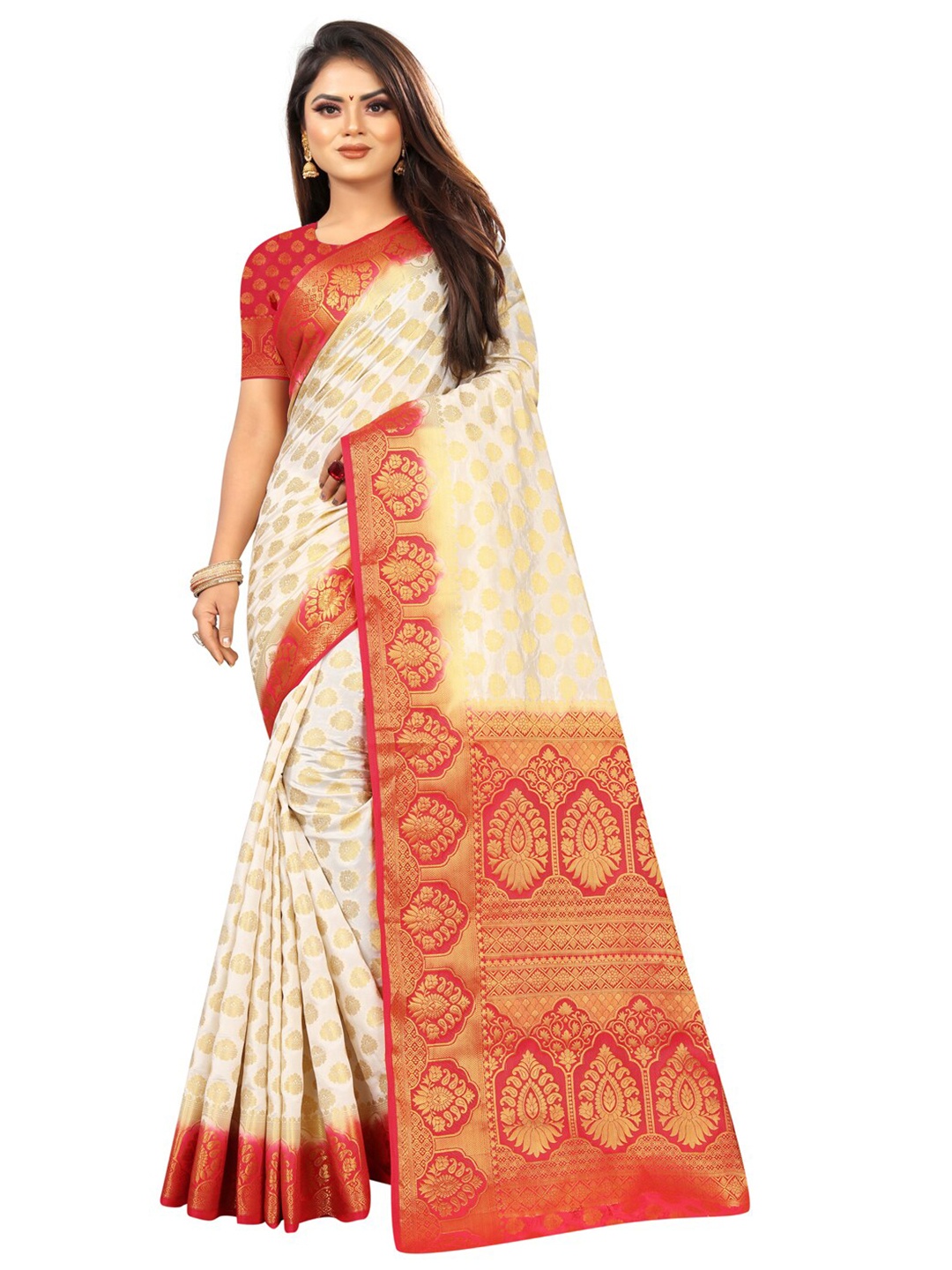 

PERFECT WEAR White & Red Woven Design Silk Cotton Saree