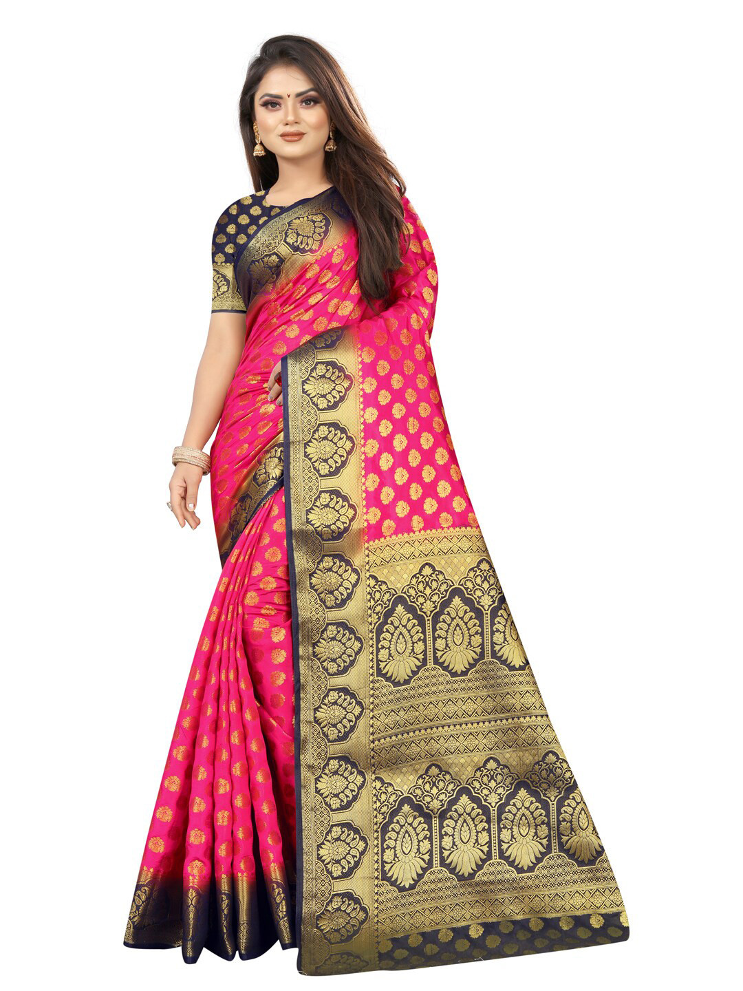 

PERFECT WEAR Magenta & Navy Blue Woven Design Zari Silk Cotton Banarasi Saree