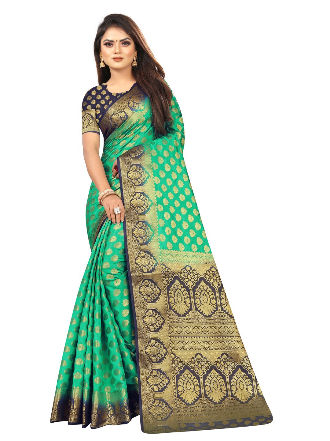 

PERFECT WEAR Green & Navy Blue Ethnic Motifs Zari Banarasi Saree