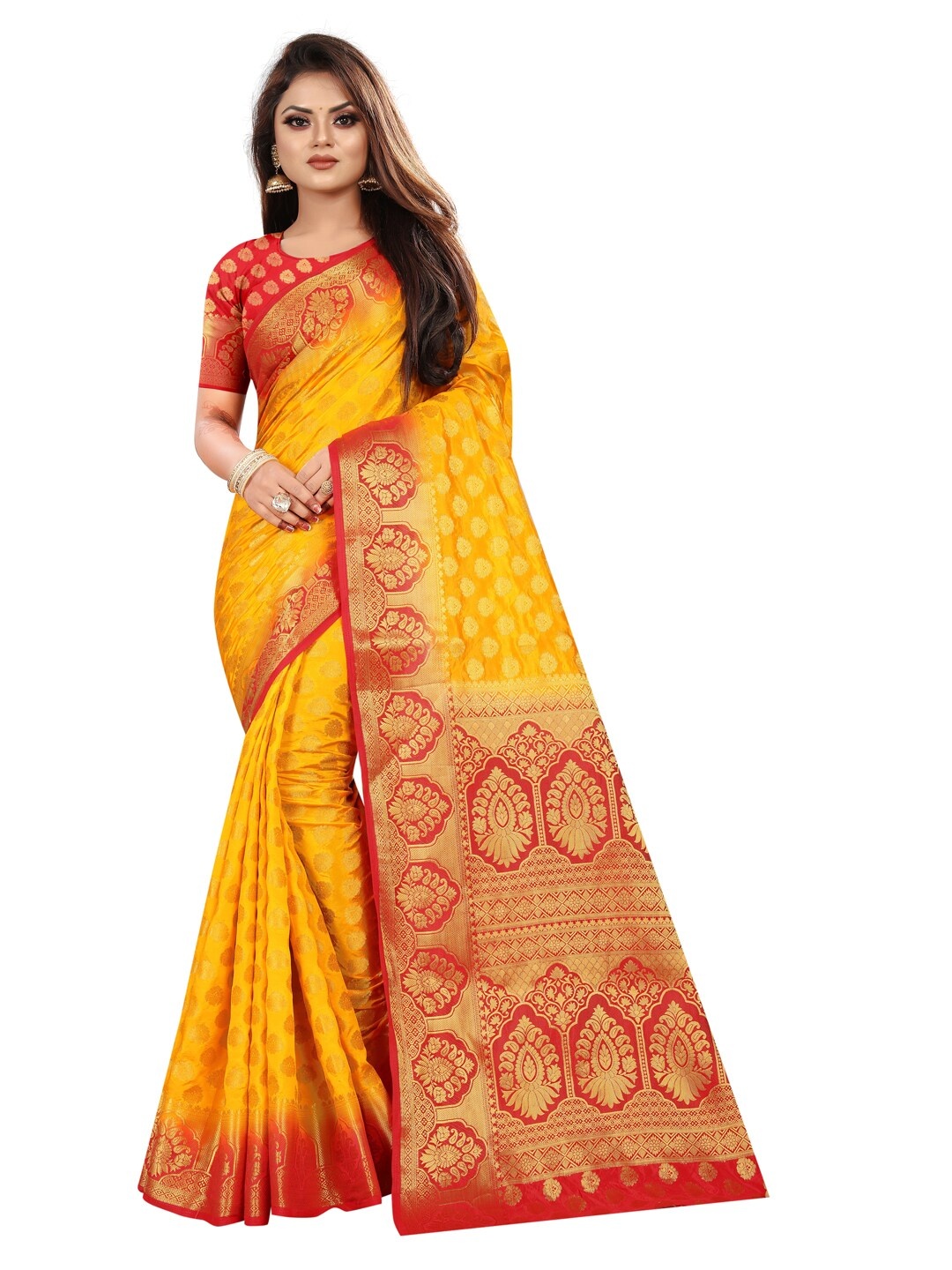 

PERFECT WEAR Yellow & Red Woven Design Zari Silk Cotton Banarasi Saree