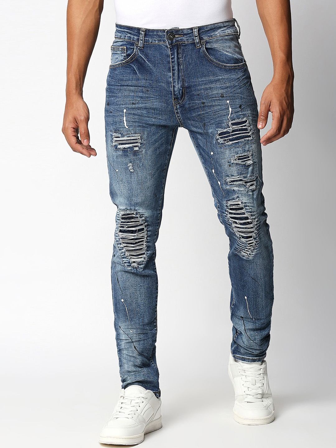 

WAIMEA Men Blue Skinny Fit Highly Distressed Heavy Fade Embellished Stretchable Jeans