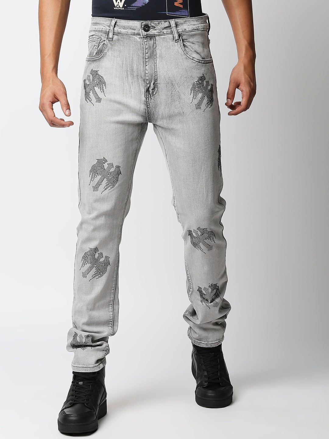 

WAIMEA Men Grey Slim Fit Heavy Fade Embellished Stretchable Jeans
