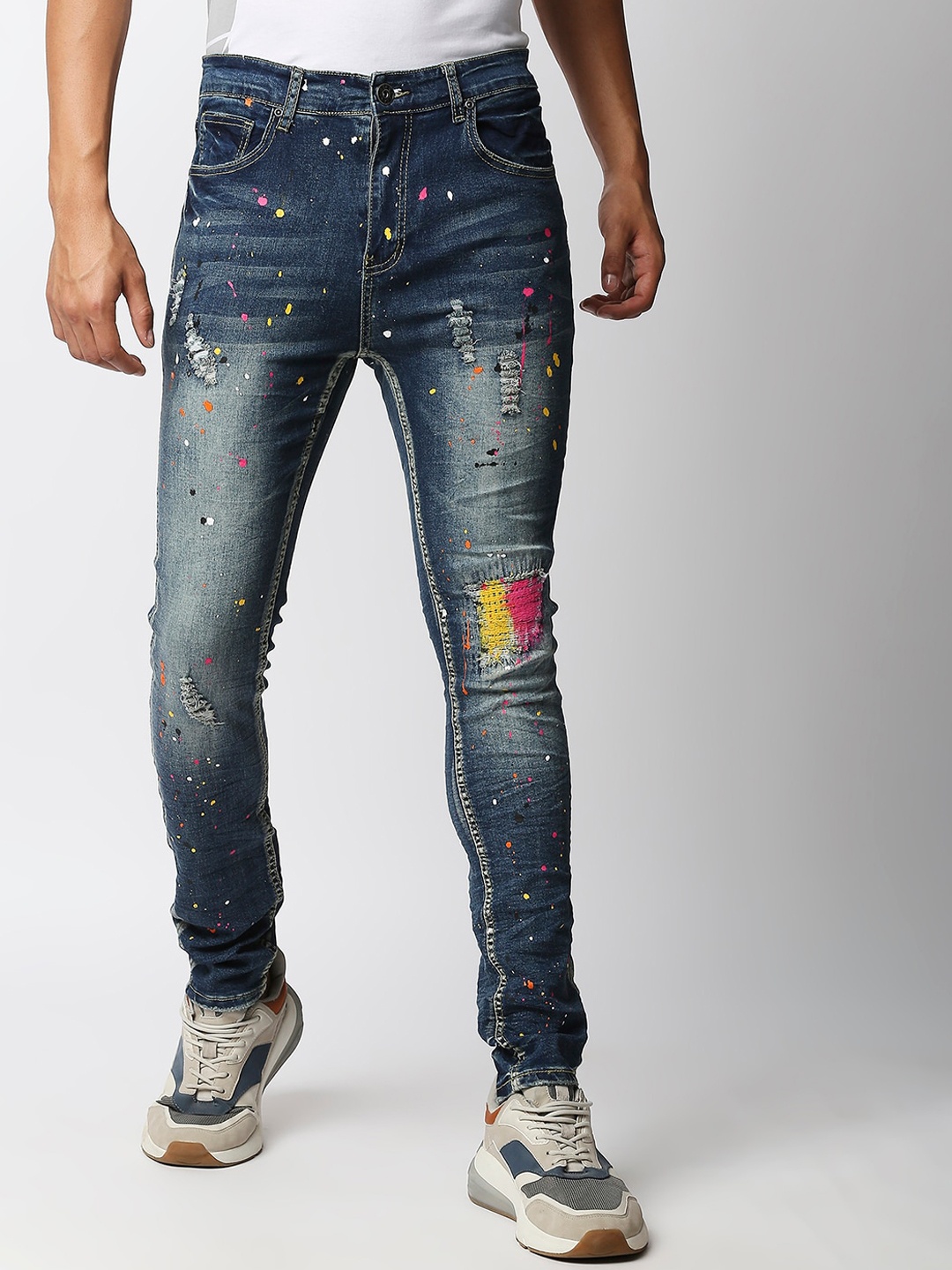 

WAIMEA Men Blue Skinny Fit Low Distress Heavy Fade Stretchable Jeans