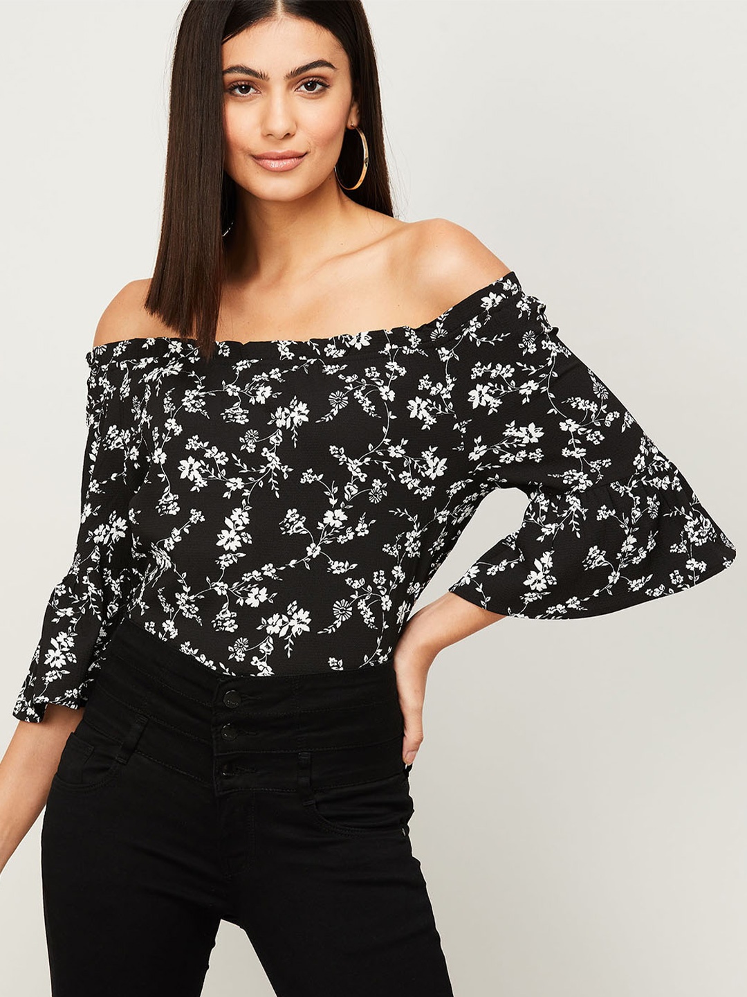 

Fame Forever by Lifestyle Women Black Floral Printed Off-Shoulder Top
