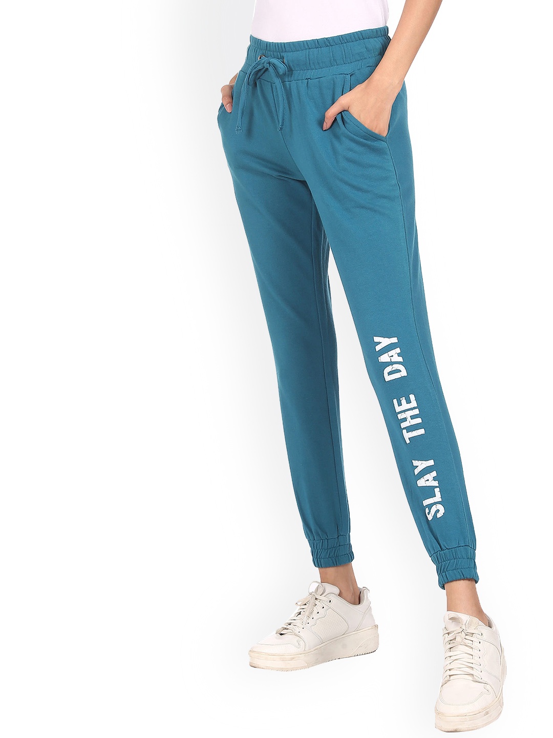 

Sugr Women Teal Blue Printed Straight Fit Joggers