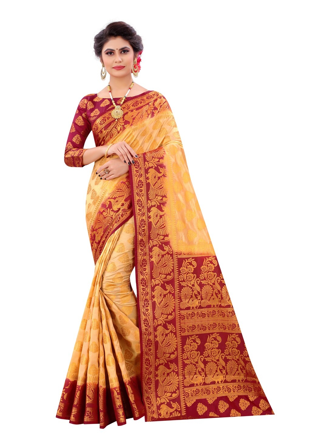 

PERFECT WEAR Beige & Maroon Ethnic Motifs Zari Banarasi Saree