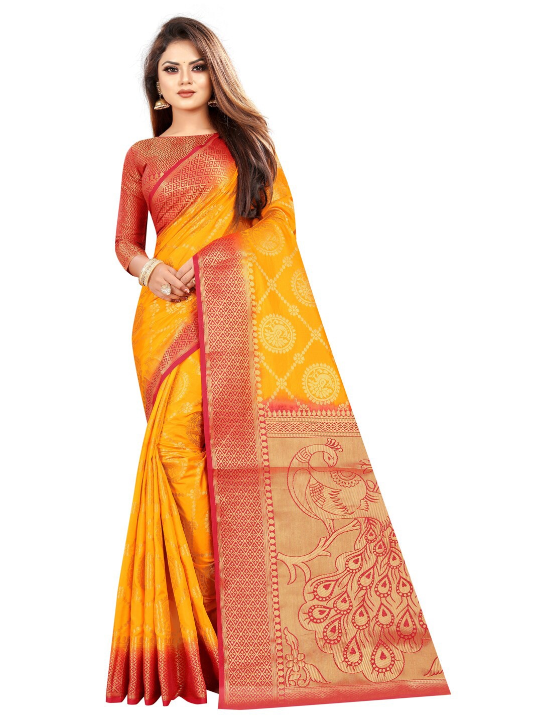 

PERFECT WEAR Yellow & Red Woven Design Zari Silk Cotton Banarasi Saree