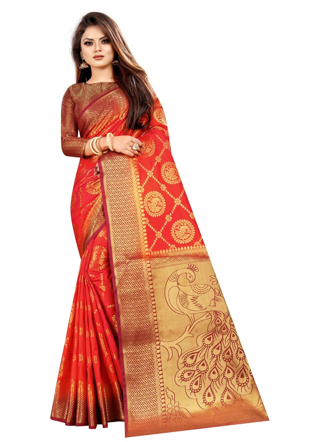 

PERFECT WEAR Red & Gold-Toned Woven Design Silk Cotton Saree